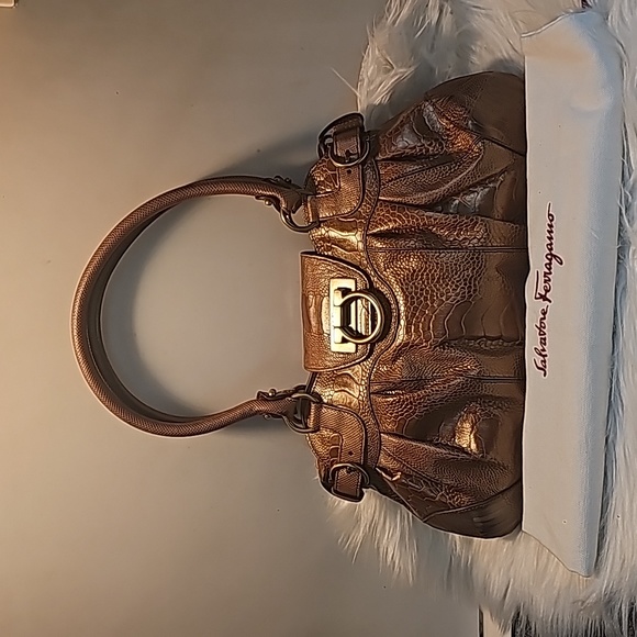 SALVADOR FERRAGAMO OSTRICH HAND BAG BROWN LEATHER - Picture 15 of 16